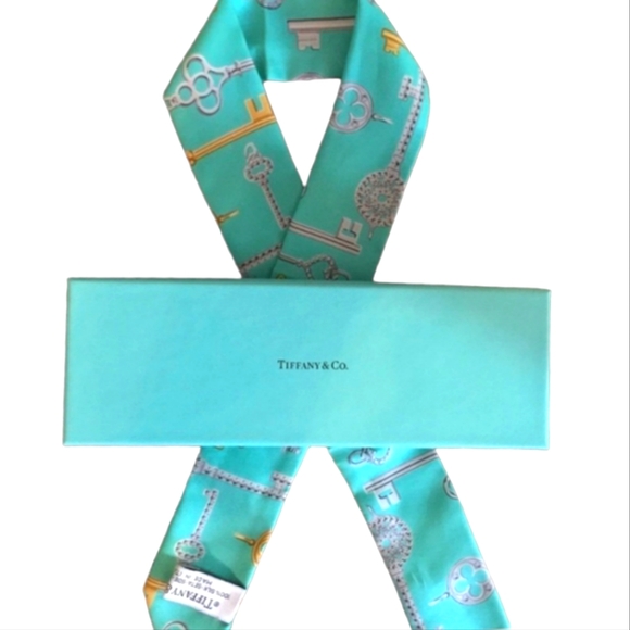BNIB AUTHENTIC TIFFANY &amp; CO. 100% Silk Printed Twilly Scarf Gold &amp; Silver